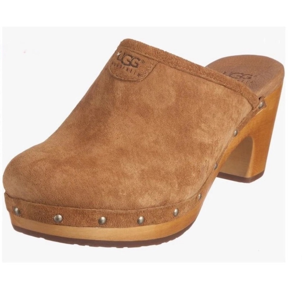 UGG Abbie Woodhills Sheep Skin Suede Wood Heels Rubber Soles Clog Mules Platform - Picture 14 of 14
